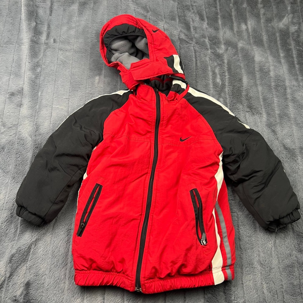 Nike Kids Reversible Hooded Puffer Jacket Red Black Grey Fleece Size 6 14910